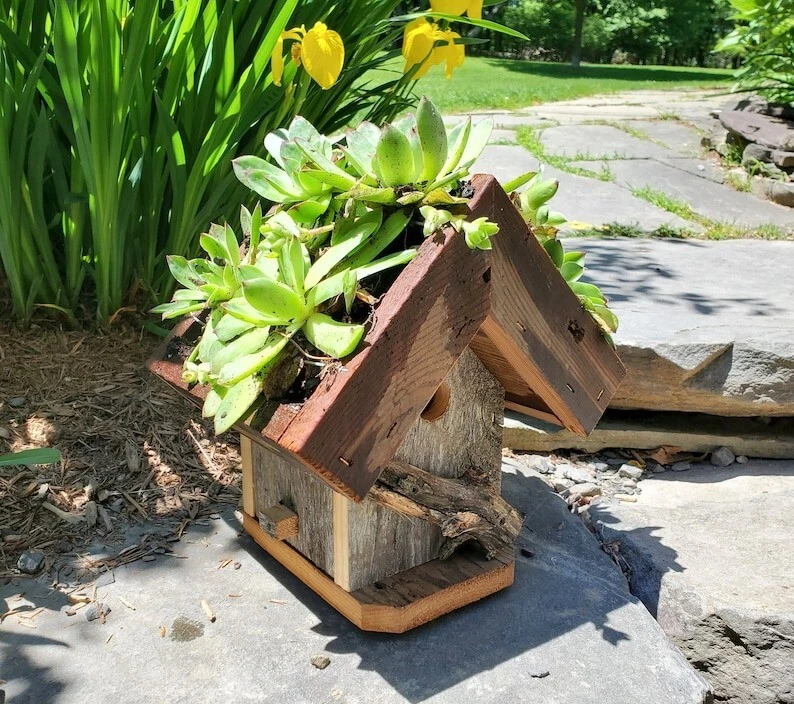 Rustic Hanging Wood Birdhouse & Planter – Reclaimed Barn Wood – Garden Decor - Image 4 of 4