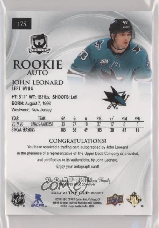 2020-21 Upper Deck The Cup Black Foil 1/1 John Leonard #175 Rookie Auto RC a2v - Image 2 of 3