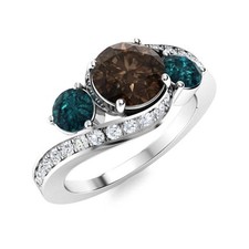 925 Sterling Silver Three Stone 5MM Round Smoky Quartz  London Blue Topaz Ring