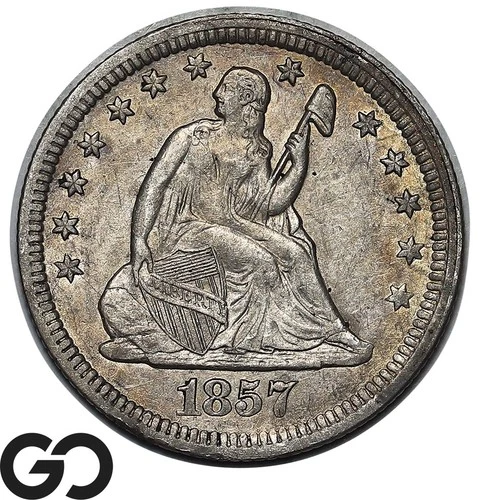 1857 Seated Liberty Quarter, Choice AU+