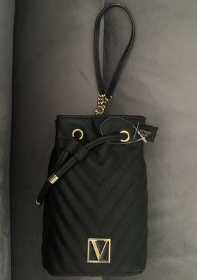 Victoria's Secret Black Quilted Chevron Drawstring Bucket Wristlet Gold Logo