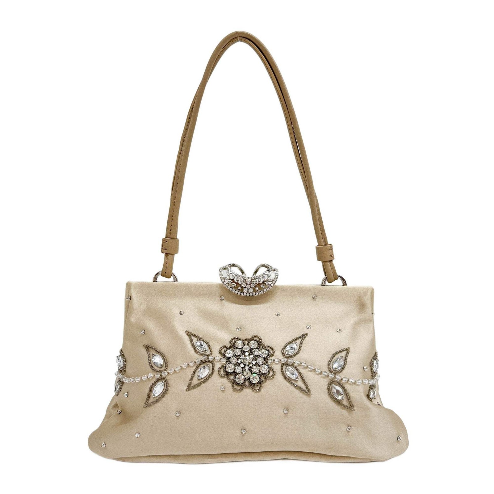 VALENTINO GARAVANI Rhinestone Embellishment Champagne Satin Hand Bag