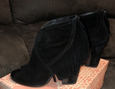 Gianni Bini Black Suede Leather Fringe Western Ankle Peep Toe Boots Size 7.5M