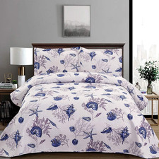 King Size Beach Quilt Set Reversible Coastal Bedspread Coverlet Blue 3 Piece