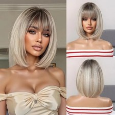 Rooted Ash Blonde Bob Wig with Bangs Women's Short Straight Synthetic Hair
