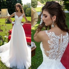 Sexy A-Line Wedding Dresses V-Neck Sleeveless Lace Appliques Beach Bridal Gowns