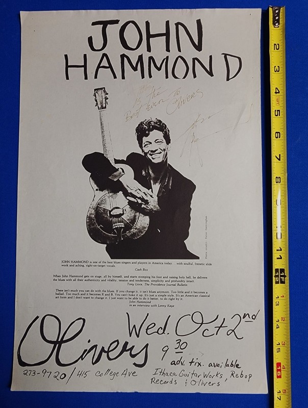Vintage AUTOGRAPHED John Hammond Concert Poster Oliver's Ithaca NY 11x17 Blues