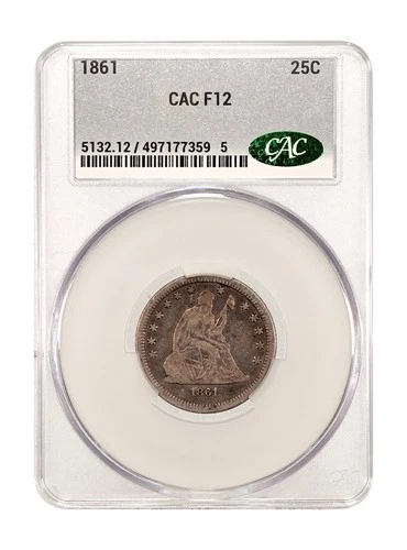 1861 SEATED LIBERTY QUARTER | CACG F12