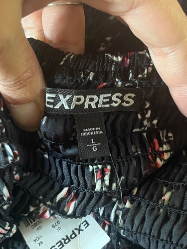 Express Smocked Black Floral Off Shoulder Shirt Top Sz Large Boho Festival Fairy - Picture 10 of 13