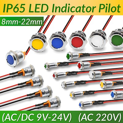 8mm-22mm Waterproof LED Indicator Warning Signal Light Thread Metal Panel Mount