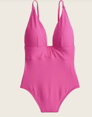 J.Crew $110 Deep V-Neck French One Piece Swimsuit Neon Flamingo Pink Sz 24 L2584