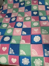 Quilt full size HAND QUILTED pink blue green white doilies flowers 84x84" Signed