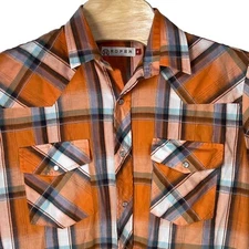 Roper Men Medium Orange Plaid Cotton/Polyester Pearl Snap Western Shirt