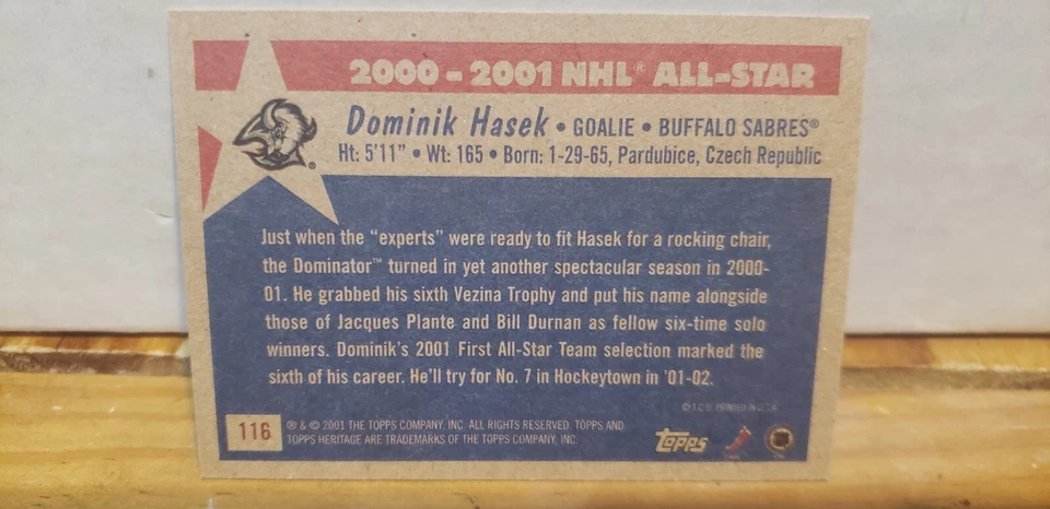 2001 Topps Heritage #116 Dominik Hasek All Star Buffalo Sabres - Image 2 of 2