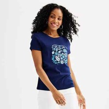 Women's Croft  Barrow The Classic Tee Crewneck Size L XL Navy Blue Floral