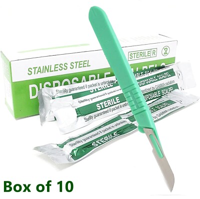 10 DISPOSABLE STERILE SURGICAL SCALPELS #14 STAINLESS STEEL BLADE PLASTIC HANDLE