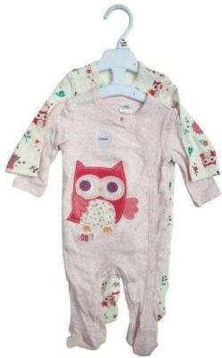 EX F & F Ex Store Baby Girl 2 Pack Owl Floral Pink Cotton Sleepsuits N/B 0 3 6 9 12 18