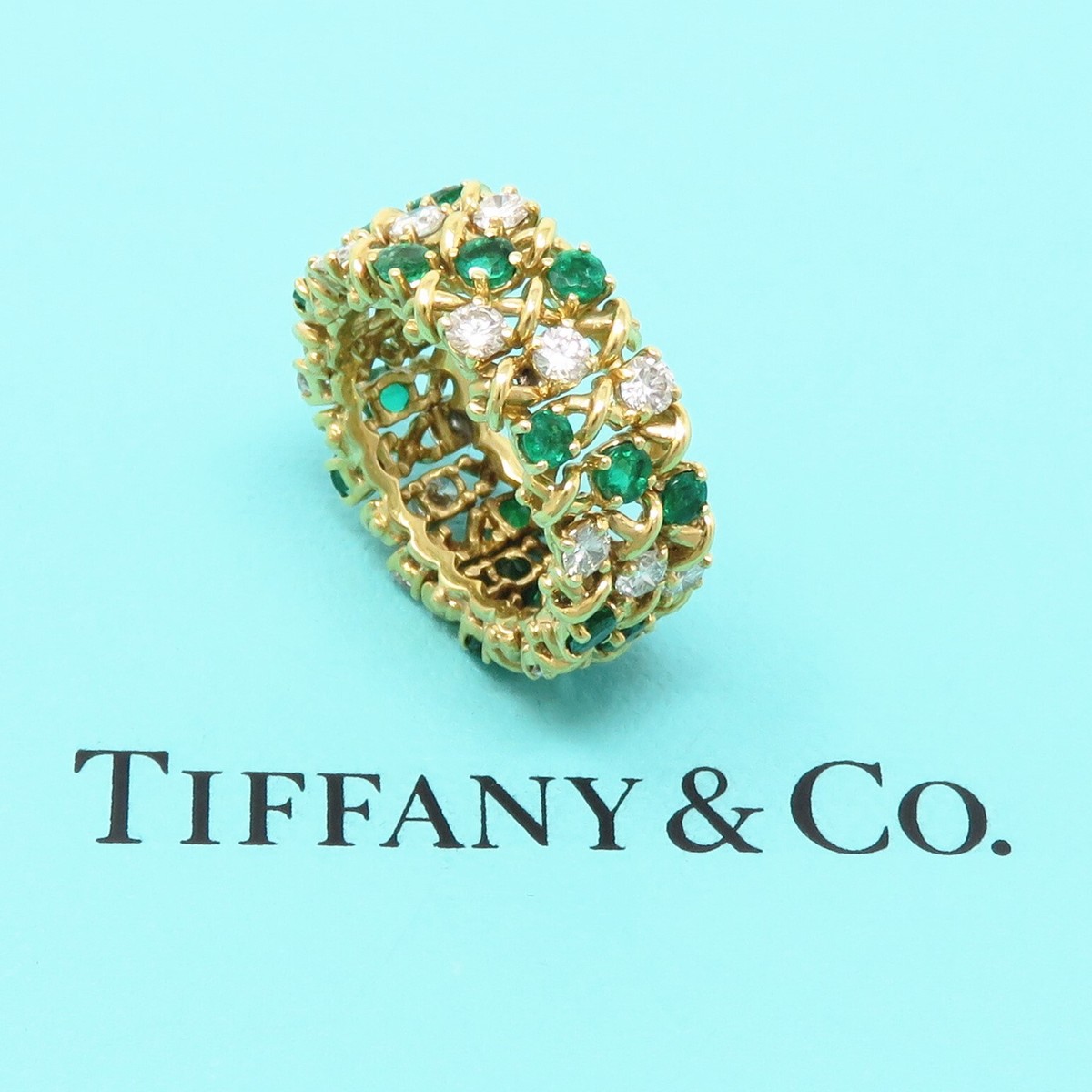 NYJEWEL Tiffany 18k Yellow Gold Emerald Diamond 9mm