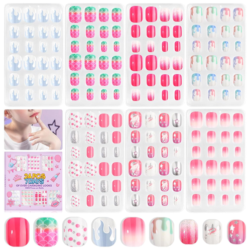 168Pcs 7 Pack Press on Nails for Kids Children Fake Nails Stick on Nails Pre-Glu