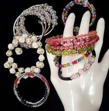 VTG ESTATE JEWELRY LOT BEADED COIL WRAP BANGLE BRACELETS GLASS +CRYSTAL AB BEADS