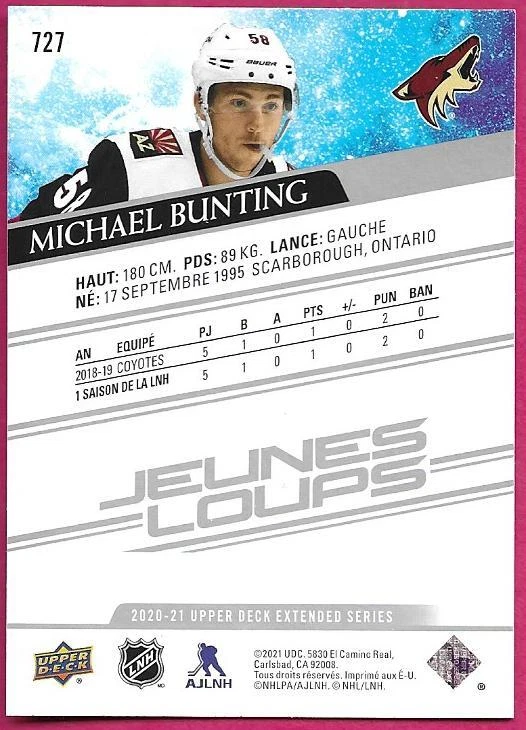 2020-21 Upper Deck Extended Series MICHAEL BUNTING Jeunes Loups / Young Guns 727 - Image 2 of 2