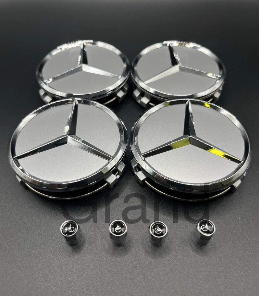 8 Piece Mercedes-Benz Wheel Center Caps & Tire Air Caps SILVER/ CHROME Set 75MM - Image 2 of 4
