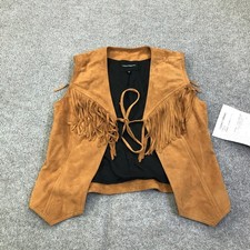 Lucky Brand Vest Womens Small Brown Suede Fringe Western Lined Tie Front Boho