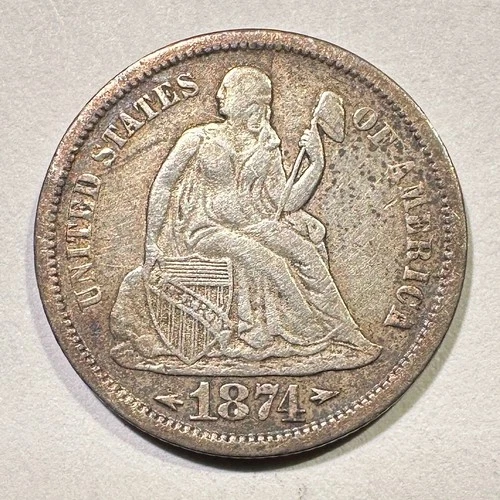 1874-S Seated Liberty Dime Silver Semi Key Date Scarce Album Coin Small Thin S