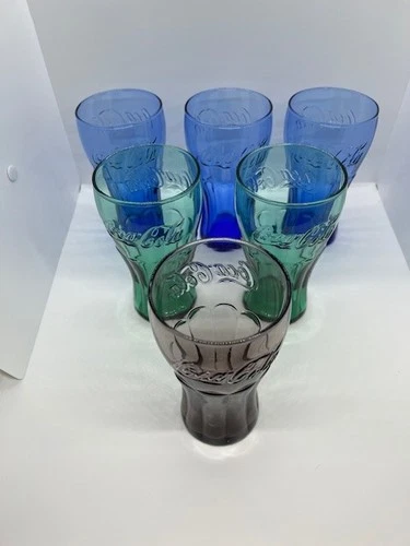 Vintage Coca Cola Collector Glasses - Set of 6 - 3 Blue, 2 Green, 1 Purple