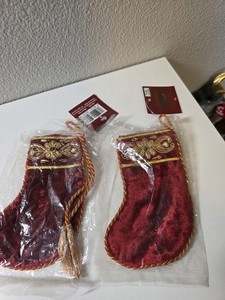 2 Burgundy Velvet Christmas Stockings, Gold Trim, Embroidered Christmas Theme