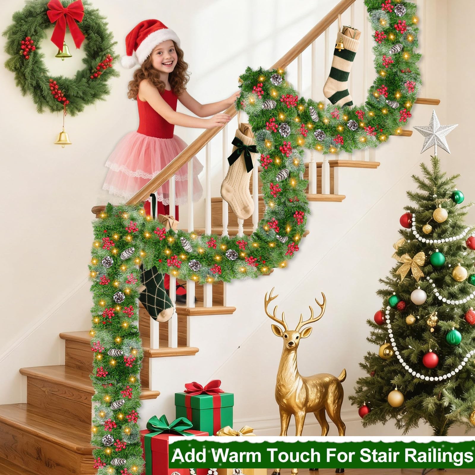 Timer & 8 Modes 9 Ft Prelit Christmas Garland 50 LED Warm White Lights Xmas C...