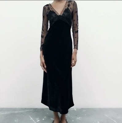 Zara Womens Small Black Velvet Sheer Embroidered Long Sleeve Maxi Dress |  eBay