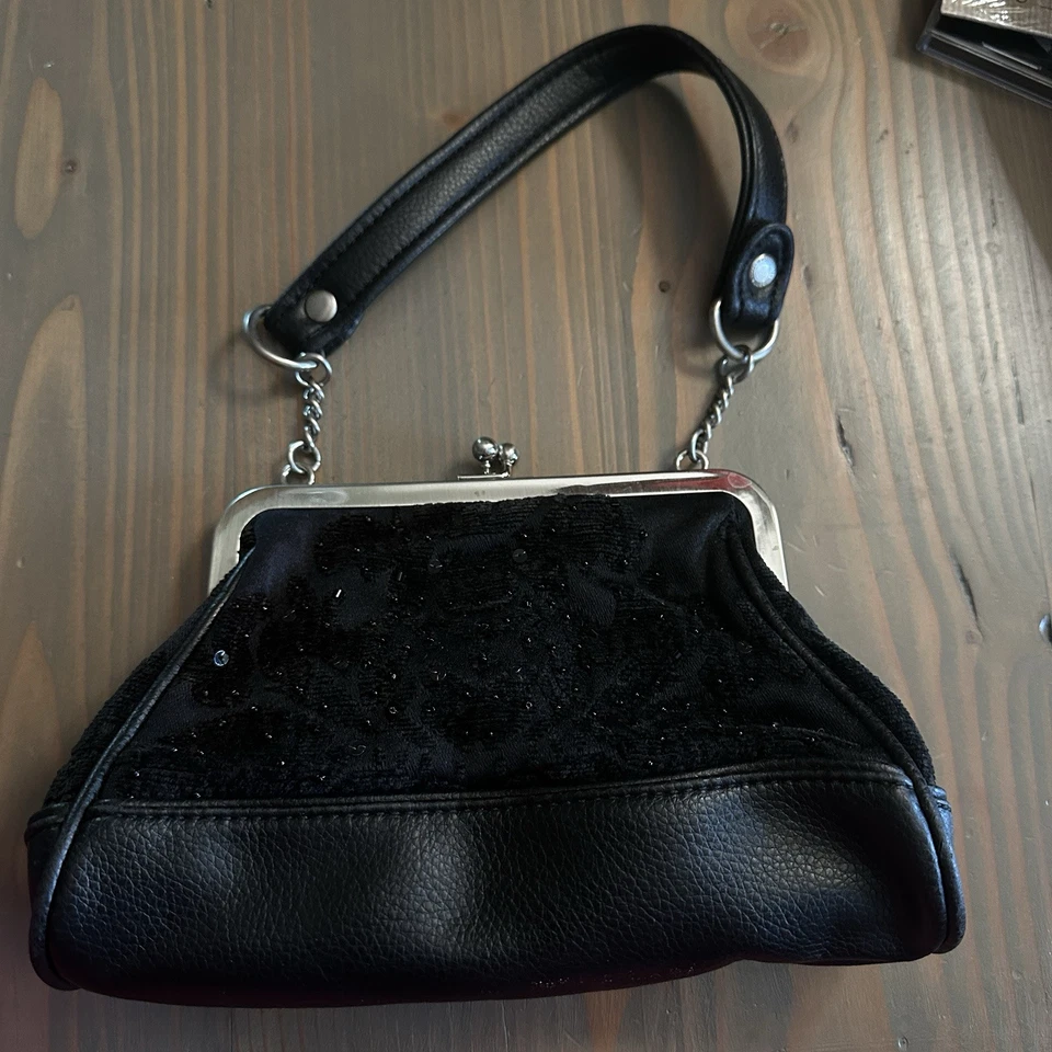 Vtg Evening Beaded Satchel Handbag Women S Black Kiss Lock Retro Lined Purse Bag - Image 3 of 4