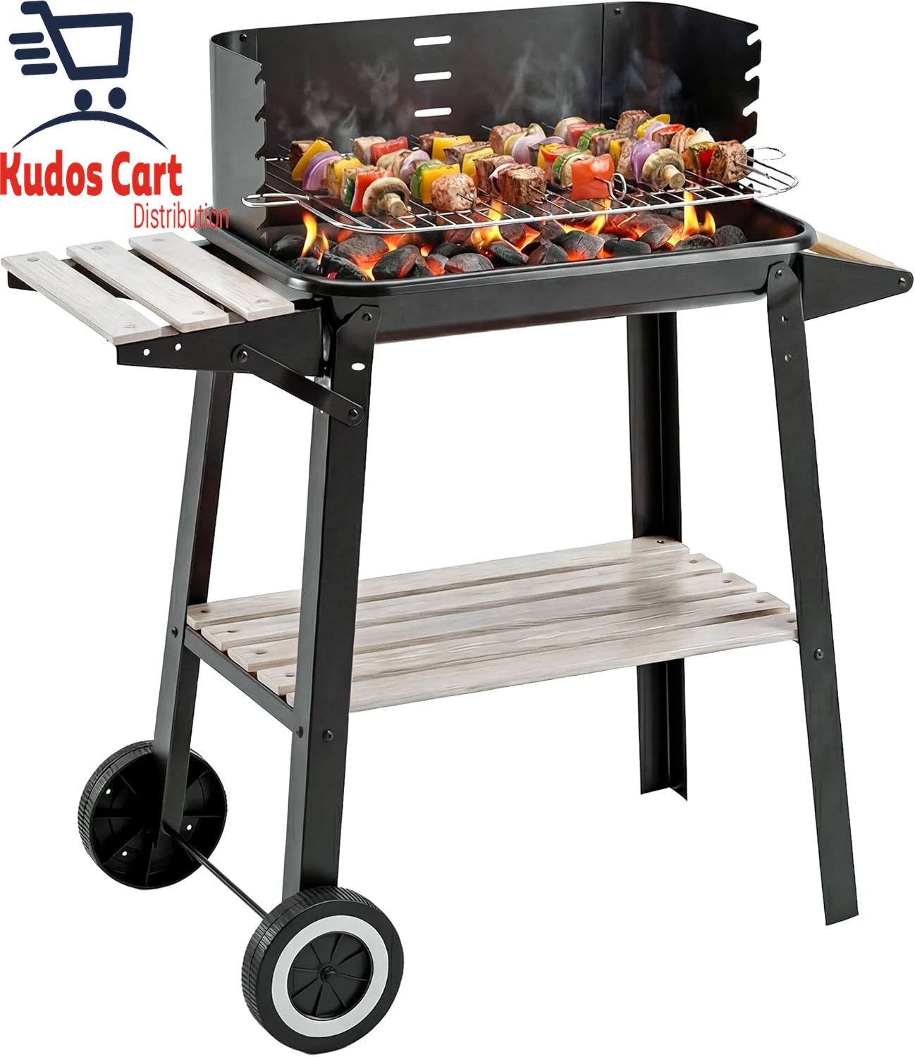 Trolley Charcoal BBQ Grill Outdoor Smoker with Side Tray Shelf Barbecue Portabl