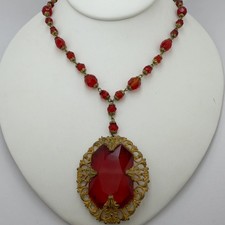 ANTIQUE ART DECO GILT BRASS FILIGREE RED CZECH GLASS PENDANT NECKLACE