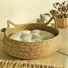 Pure Hand-Woven Rattan Cat Nest Four Seasons Universal Warm Pad Removable Washab