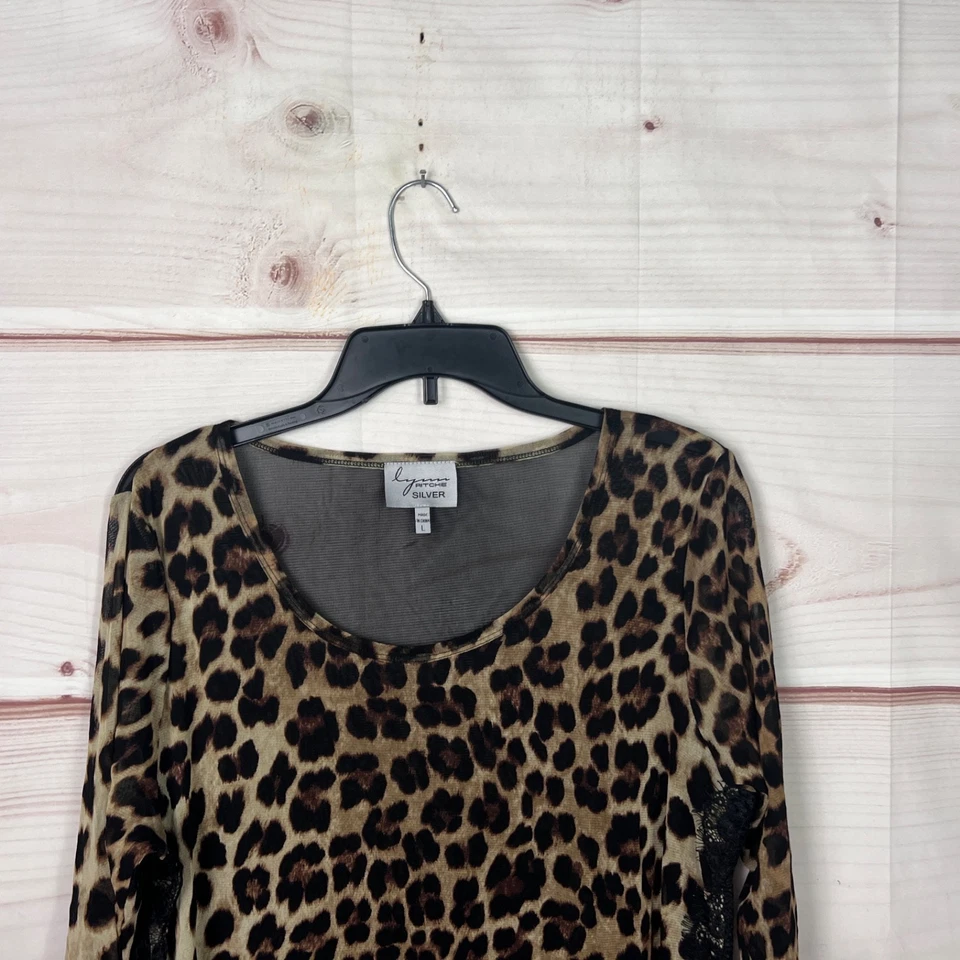 Lynn Ritchie Серебряный Топ женщин L коричневый черный леопард туника чистый сетки 3/4 рукав - Изображение 2 из 4