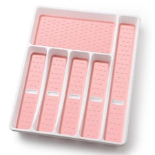 Pink 6-Compartment Silverware Organizer Tray for Drawer with Non-slip Linings