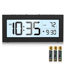 Battery Powered Digital Clock, LCD Digital Clock with Date & Temp Display, 5 