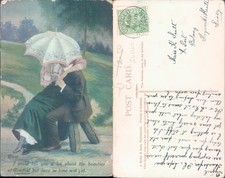 Couple with umbrella on bench J Welch Sons 1908 postmark Romance