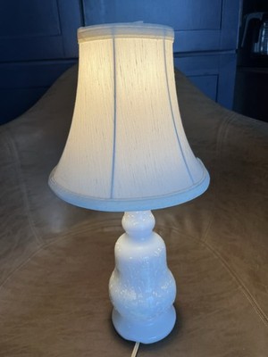 Vintage Small Milk Glass Table Lamp & Shade Hand Painted Enamel 