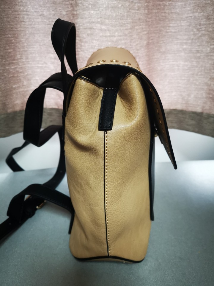 Beige And Black Faux Leather Backpack Adjustable Straps Clasp