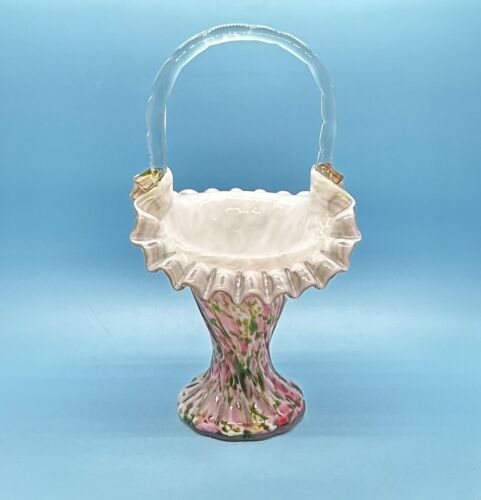 Vintage Fenton Milchglas rosa grün geraffter Rand klar Henkel Korb Vase - Bild 2 von 8
