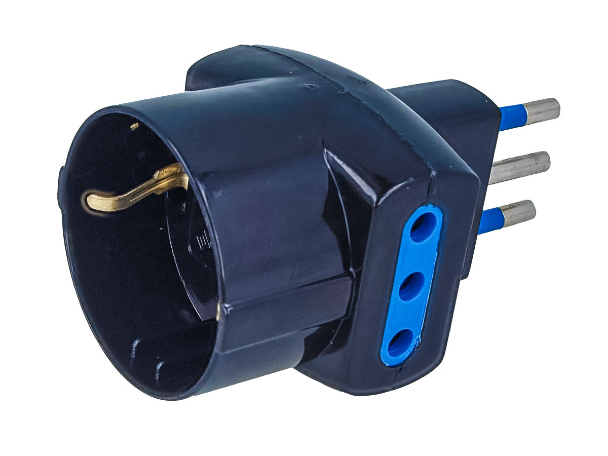 Adattatore Tripla Spina 10A 2 Prese Italiane 10A + 1 Presa Schuko 10A Nero