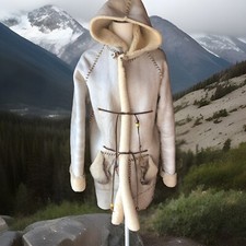 Vintage Suede Leather Coat Rancher Jacket Shearling Artisan Made Hooded Sz S/m