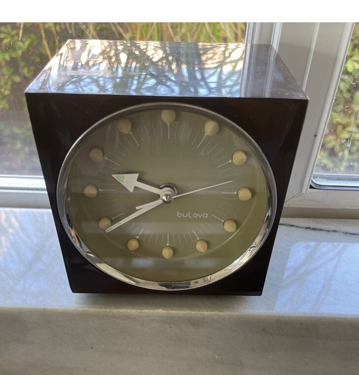 1960S BULOVA WIND-UP ALARM CLOCK MCM ATOMIC SPACE AGE Brown W/  Beige#5058 Japan-image