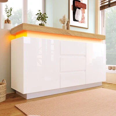 Hochglanz Moderner Sideboard Kommode mit LED Beleuchtung 3 Schubladen 140*81 cm - Bild 1 von 4