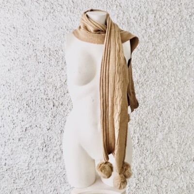 ROCCOBAROCCO LONG SCARF PON PON FUR FUR CARAMEL CAMEL BROWN 