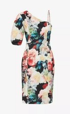New Gina Bacconi Size 10 Black Peach Red mix Floral One Shoulder Dress Bodycon