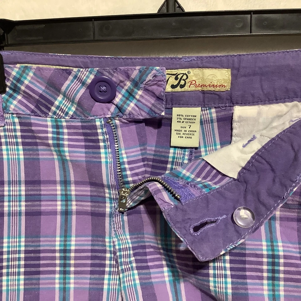 Pantalones Cortos OTB Premium Juniors Talla 7 Púrpura Cuadros Tiro Bajo Chino Suave Elastizado Preppy Foto 3 de 4